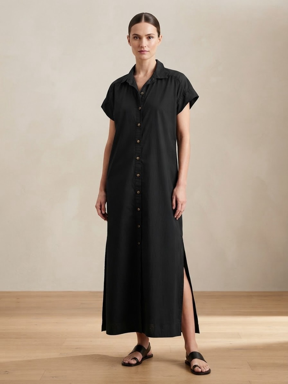 Loft Button Down Cotton Dress Pockets Side Slits Black Short Sleeve Casual Fall